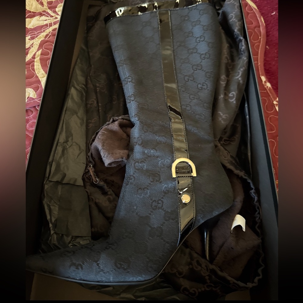 Gucci Black Patterned High Boots with Gold Detail